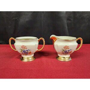 Vintage Sugar Bowl Creamer Set Gold Trim Floral